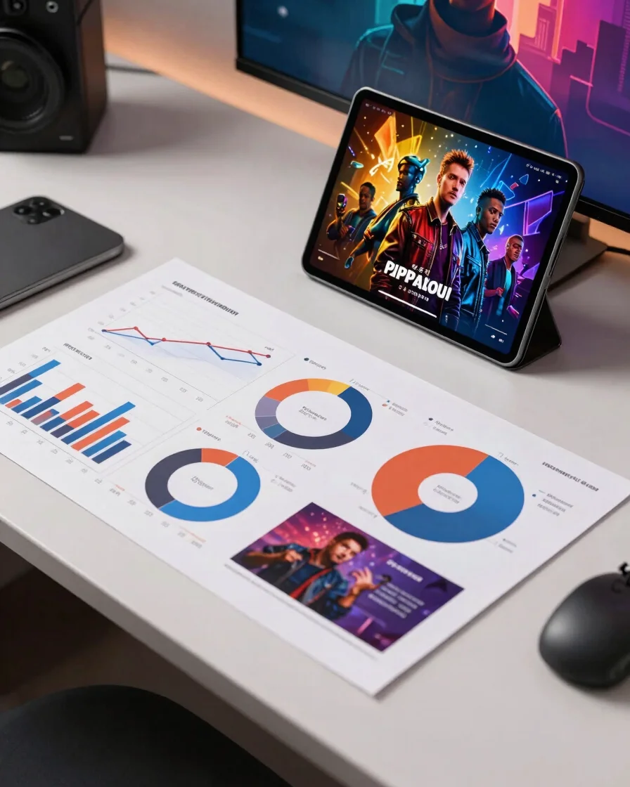 Professional media kit presentation flatlay on a modern desk with analytics charts and a tablet displaying pop culture g